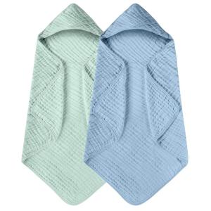 imageYoofoss Hooded Baby Towels for Newborn 2 Pack 100 Muslin Organic Cotton Baby Bath Towel with Hood for Babies Infant Toddler and Kids 32x32Inch Soft and Absorbent Newborn Essential BeigeampampCoffeeBlue and Green