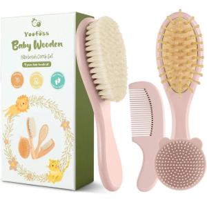 imageYoofoss 4 Piece Baby Hair Brush and Comb SetWooden Baby Hair Brush with Natural Ultra Soft Goat Hair Baby Comb Set for Boy Girl  GreenPink