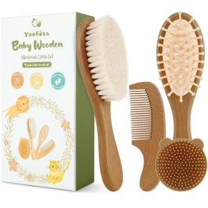 imageYoofoss 4 Piece Baby Hair Brush and Comb SetWooden Baby Hair Brush with Natural Ultra Soft Goat Hair Baby Comb Set for Boy Girl  GreenWalnut