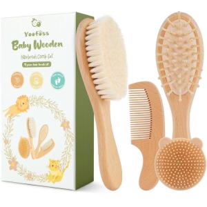 imageYoofoss 4 Piece Baby Hair Brush and Comb SetWooden Baby Hair Brush with Natural Ultra Soft Goat Hair Baby Comb Set for Boy Girl  GreenWood