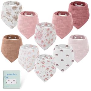 imageYoofoss Muslin Baby Bibs 10 Pack 100 Organic Cotton 6Layer Soft Absorbent Drool Bandana Baby Bibs for Drooling and Teething for Boys and Girls Pink FlowerPink Flower