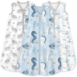 imageYoofoss Baby Sleep Sack 612 Months 05 Tog Wearable Blanket for Baby 3 Pack 100 Organic Cotton Infant Toddler Sleeping Sack 2Way Zipper Lightweight Sleep SackBlue Seabed