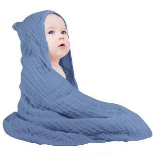 imageYoofoss Hooded Baby Towels for Newborn 100 Muslin Cotton Baby Bath Towel with Hood for Babies Infant Toddler and Kids Large 32x32Inch Soft and Absorbent Newborn Essential1pack Dark Blue