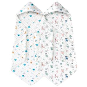 imageYoofoss Hooded Baby Towels for Newborn 2 Pack 100 Muslin Organic Cotton Baby Bath Towel with Hood for Babies Infant Toddler and Kids Large 32x32Inch Soft and Absorbent Newborn EssentialAlpaca and Elephant