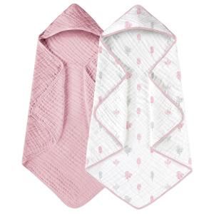 imageYoofoss Hooded Baby Towels for Newborn 2 Pack 100 Muslin Organic Cotton Baby Bath Towel with Hood for Babies Infant Toddler and Kids Large 32x32Inch Soft and Absorbent Newborn EssentialPink and White Leaf