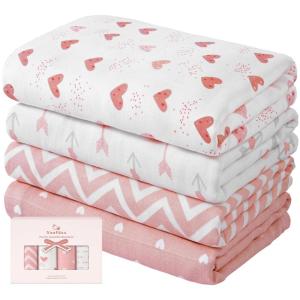 imageYoofoss Organic Muslin Swaddle Blankets Baby Blankets 47 x 47 Inches Receiving Blanket for Baby Boys and Girls Baby Essentials for Newborns Soft BreathablePink  Heart  Arrow