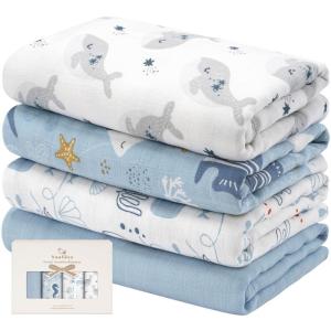 imageYoofoss Organic Muslin Swaddle Blankets Baby Blankets 47 x 47 Inches Receiving Blanket for Baby Boys and Girls Baby Essentials for Newborns Soft BreathableBlue Ocean