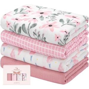 imageYoofoss Organic Muslin Swaddle Blankets Baby Blankets 47 x 47 Inches Receiving Blanket for Baby Boys and Girls Baby Essentials for Newborns Soft BreathablePink Flower