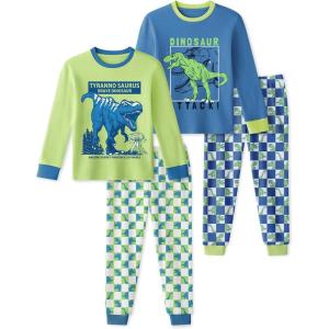 imageYoofoss Toddler Pajamas 100 Organic Cotton 4 Piece Long Sleeve Winter Pajama Set Kids Pajamas Boys Girls Snug Fit Pjs SetBlue Green Grid Dinosaur