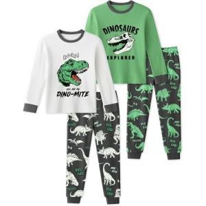 imageYoofoss Toddler Pajamas 100 Organic Cotton 4 Piece Long Sleeve Winter Pajama Set Kids Pajamas Boys Girls Snug Fit Pjs SetGreen Black Dinosaur