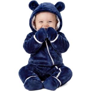 imageYoofoss Baby Snowsuit Fleece Baby Winter Clothes for Boys and Girls Newborn Outift Footies Hooded Romper Soft WarmDark Blue