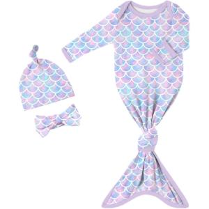 imageYoofoss Baby Knotted Gowns 03 Months Newborn Sleepers Hospital Coming Home Outfit for Photograph Soft Breathable ComfortPurple Fish Scales