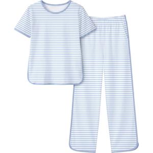 image:imageYoofoss Girls Pajamas Organic Cotton Loose Fit Kids Pjs 2 Piece Sleepwear Short Sleeves amp Long Pants Girls ClothesBlue Stripes