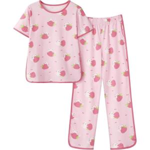 image:imageYoofoss Girls Pajamas Organic Cotton Loose Fit Kids Pjs 2 Piece Sleepwear Short Sleeves amp Long Pants Girls ClothesPink Strawberry