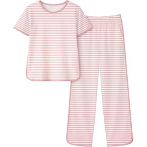 image:imageYoofoss Girls Pajamas Organic Cotton Loose Fit Kids Pjs 2 Piece Sleepwear Short Sleeves amp Long Pants Girls ClothesPink Stripes