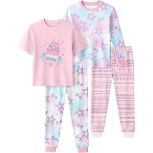 image:imageYoofoss Toddler Pajamas 100 Organic Cotton Girls Boys Pajamas for Kids 4 Piece Snug Fit Long amp Short Sleeves Pjs SetPink Star
