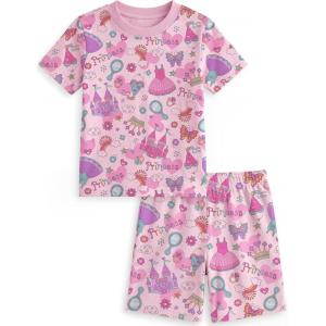 image:imageYoofoss Toddler Pajamas Organic Cotton Baby Girl Pajamas Summer Short Sleeve Kids Clothes Snug Fit Pjs 2 Piece CastleShortpink Castle