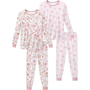 image:imageYoofoss Toddler Pajamas Rayon Made from Bamboo 4 Piece Long Sleeve Pajama Set Kids Pajamas Boys Girls Snug Fit Pjs SetPink Bow  Cherry Blossom