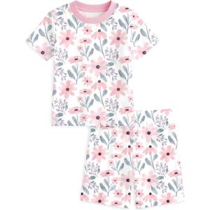image:imageYoofoss Toddler Pajamas Organic Cotton Baby Girl Boy Pajamas Summer Short Sleeve Kids Clothes Snug Fit Pjs Set 2 PieceShortpink Flower