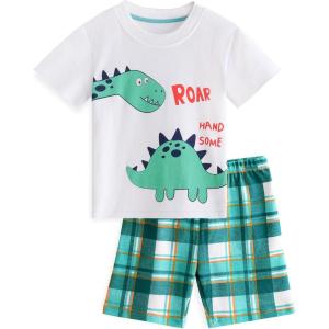 image:imageYoofoss Toddler Pajamas Organic Cotton Baby Girl Boy Pajamas Summer Short Sleeve Kids Clothes Snug Fit Pjs Set 2 PieceShortwhitegreen Dinosaur