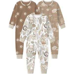 image:imageYoofoss Toddler pajamas 100 Organic Cotton Baby Sleeper for Boys girls 2way Zipper Footless Romper 3 Pack Baby PjsBrown  White Animal
