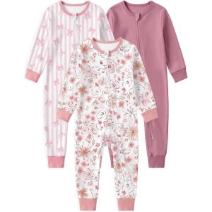 image:imageYoofoss Toddler pajamas 100 Organic Cotton Baby Sleeper for Boys girls 2way Zipper Footless Romper 3 Pack Baby PjsPurple  Pink Cherry Blossom