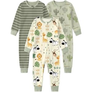 image:imageYoofoss Toddler pajamas 100 Organic Cotton Baby Sleeper for Boys girls 2way Zipper Footless Romper 3 Pack Baby PjsYellow  Green Animal